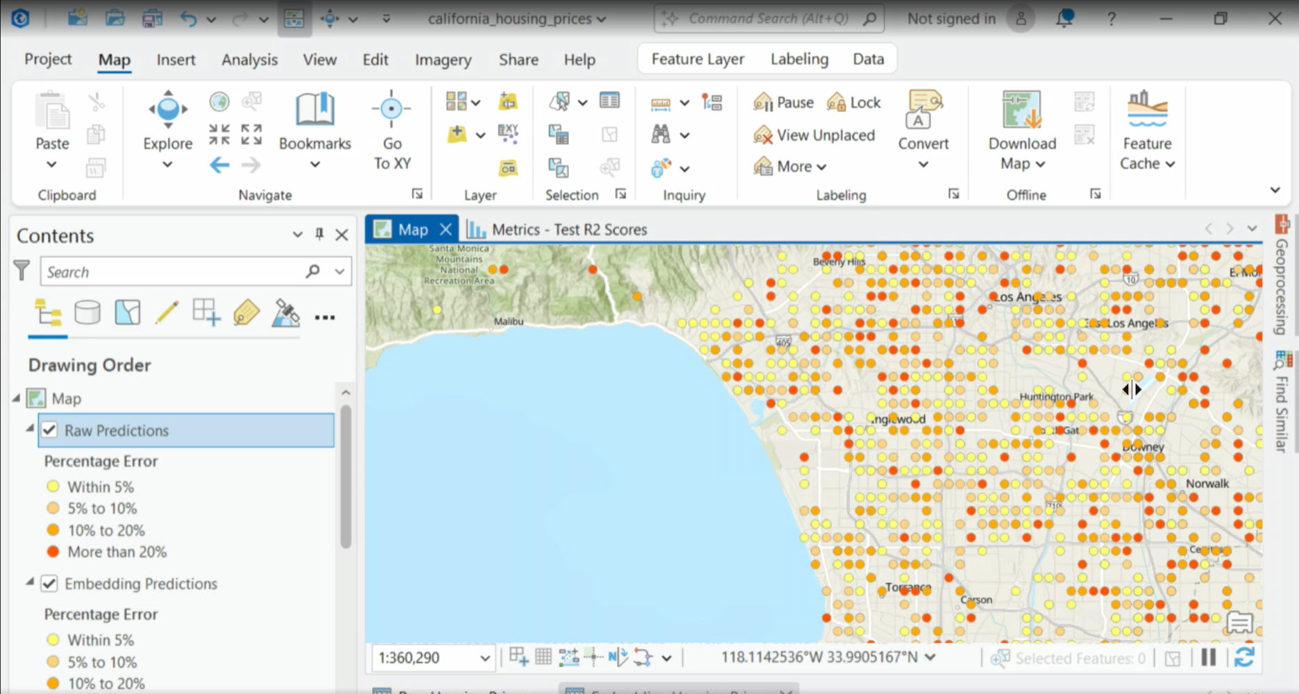 Locations now appear lighter orange and yellow, reflecting smaller deviations from actual prices.