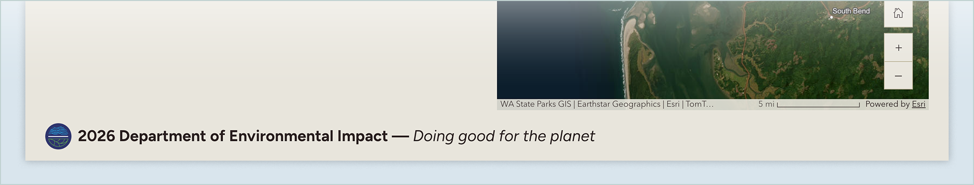 Footer in an ArcGIS StoryMaps briefing slide that lists the organization name and brand slogan with a logo as an example