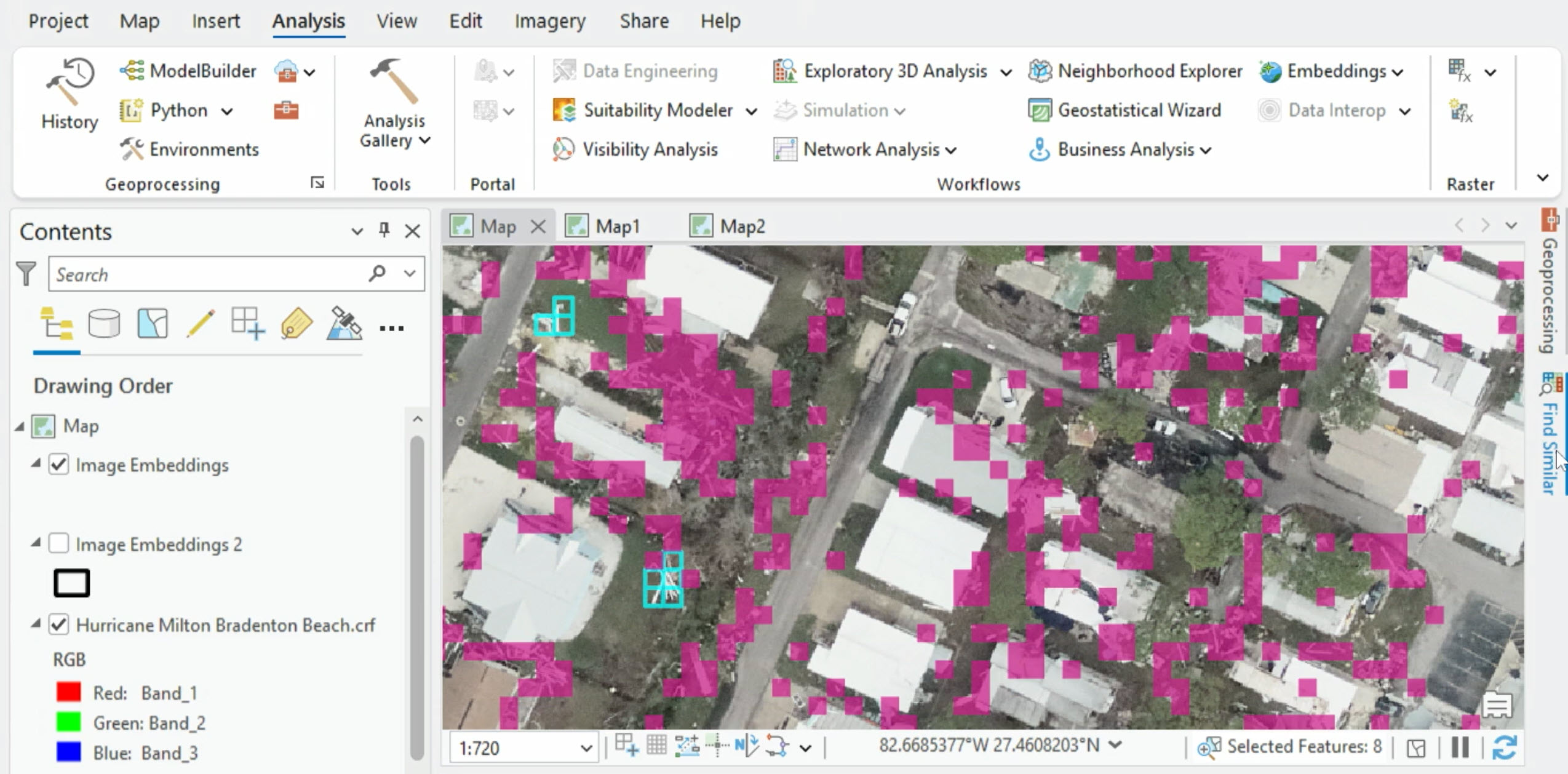 The Find Similar tool highlights other areas with similar signs of damage across the imagery