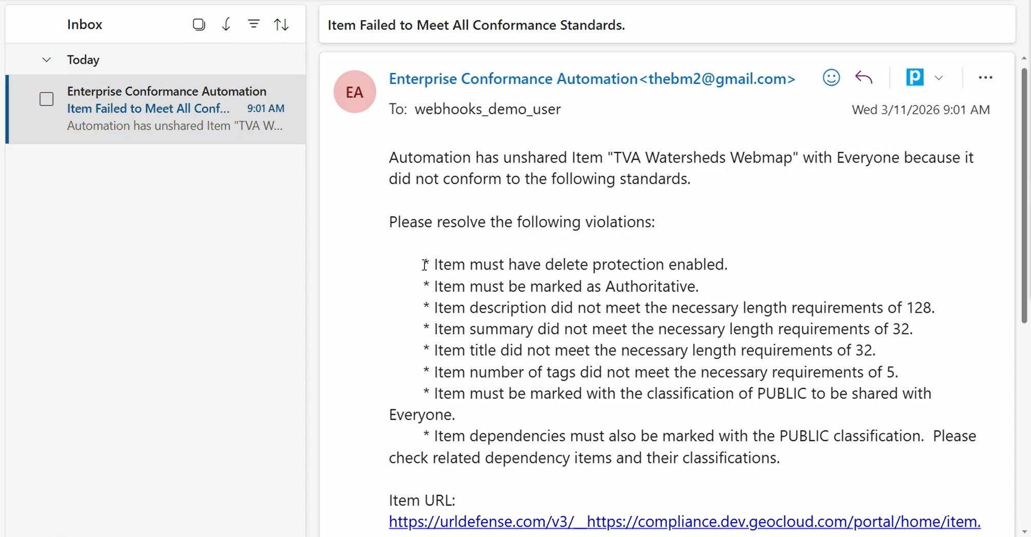 The user receives an email with clear instructions on how to correct each violation.