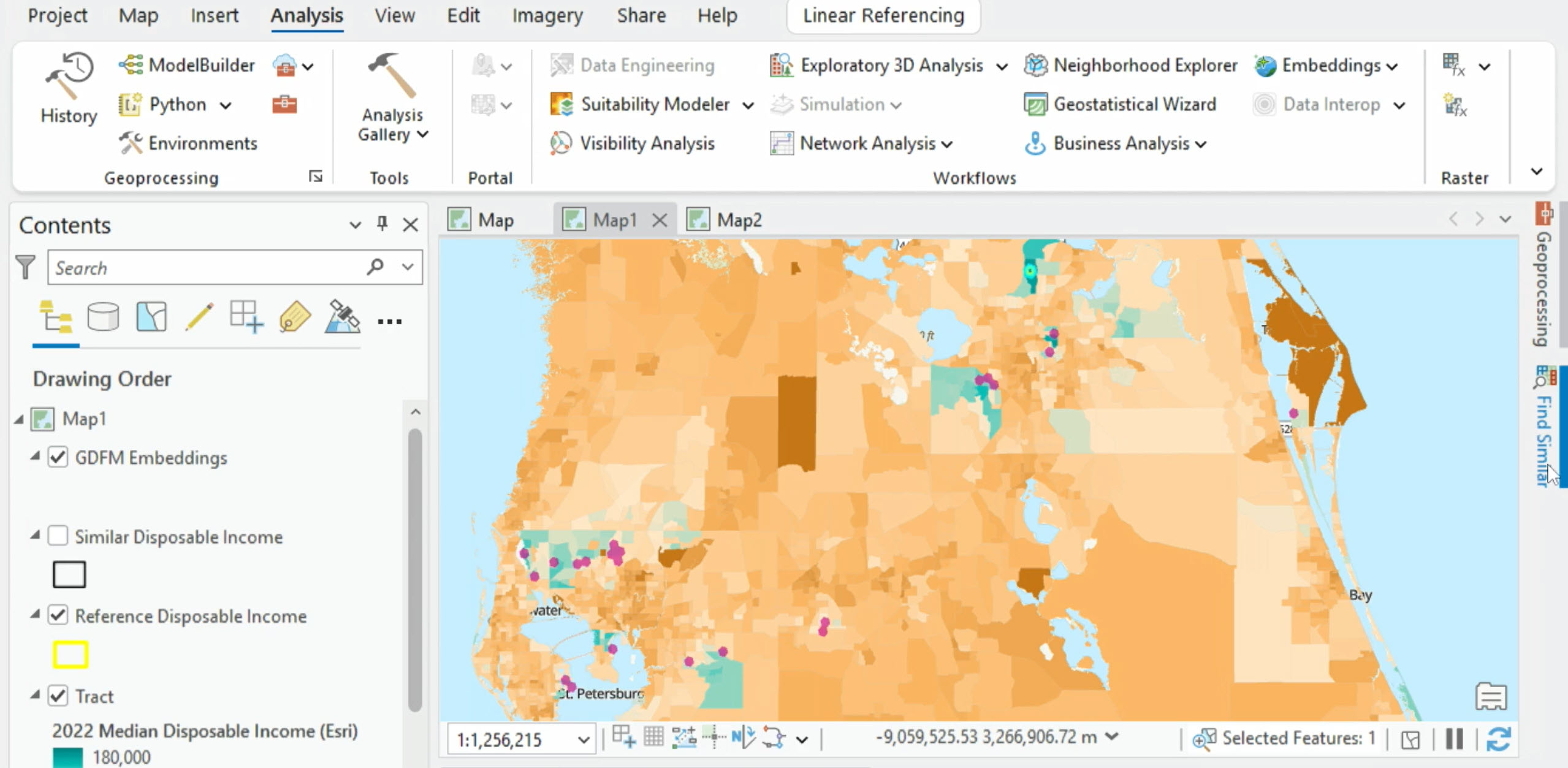 The Find Similar tool immediately highlights other areas with comparable socioeconomic profiles
