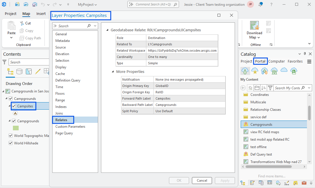 Screenshot of the Properties tab in ArcGIS Pro on the Relates section, displaying the relationship class properties.
