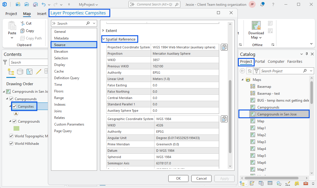Reviewing the spatial reference information of a hosted feature service in ArcGIS Pro.
