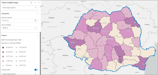 Color-coded map of purchasing power in Romania based on NUTS 3 boundaries created with ArcGIS Business Analyst Web App.