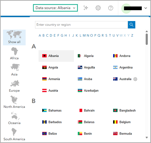 Data source options in ArcGIS Business Analyst Web App.