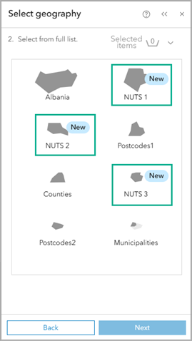 Select geographies from the full list in ArcGIS Business Analyst Web App