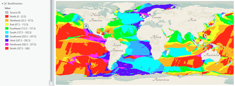 A map and a legend with values from 0 to 360, covering the oceans.
