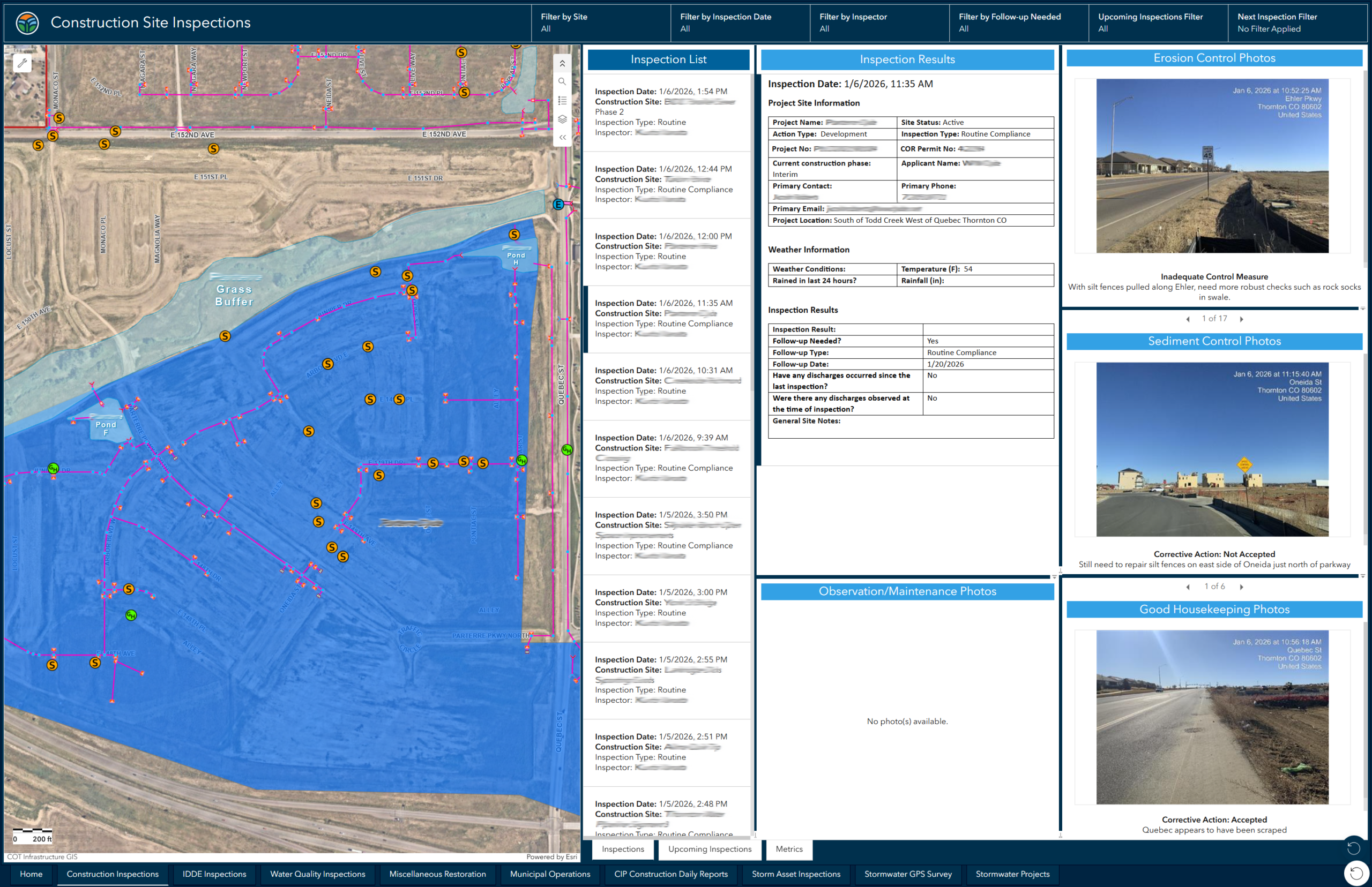 Construction inspection dashboard showing a map of a construction site with inspection points and a panel displaying inspection details and related site photos.