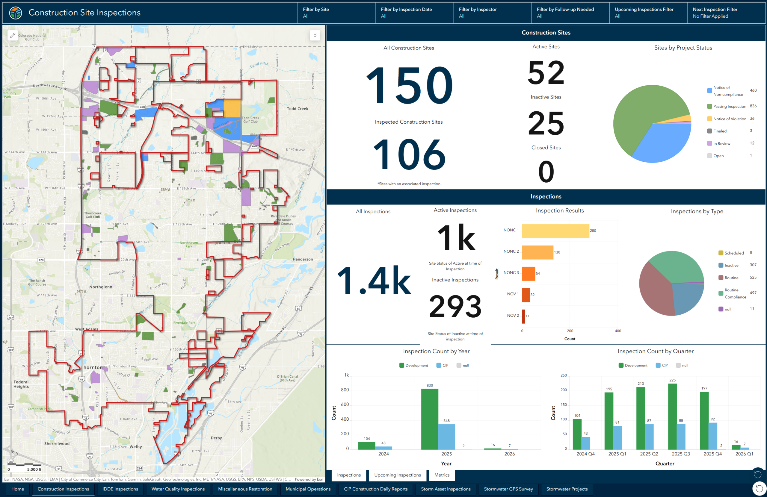 Construction inspection dashboard displaying a city‑wide map of construction sites alongside summary metrics, charts, and inspection activity statistics.