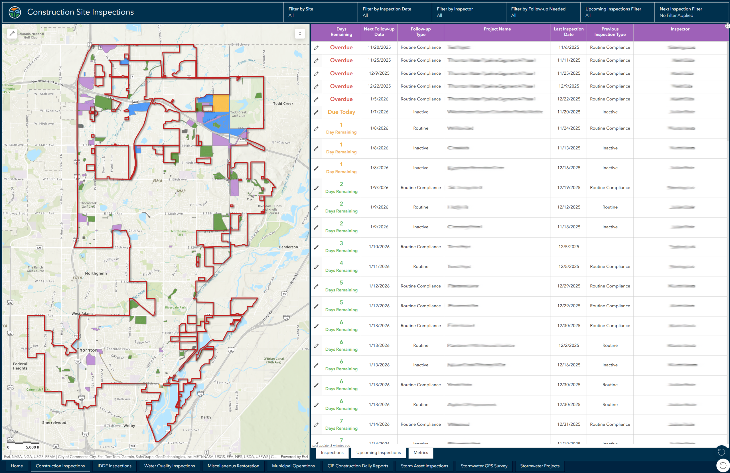 Construction inspection dashboard showing a map of construction sites alongside a table listing upcoming and overdue inspections with status and due dates.