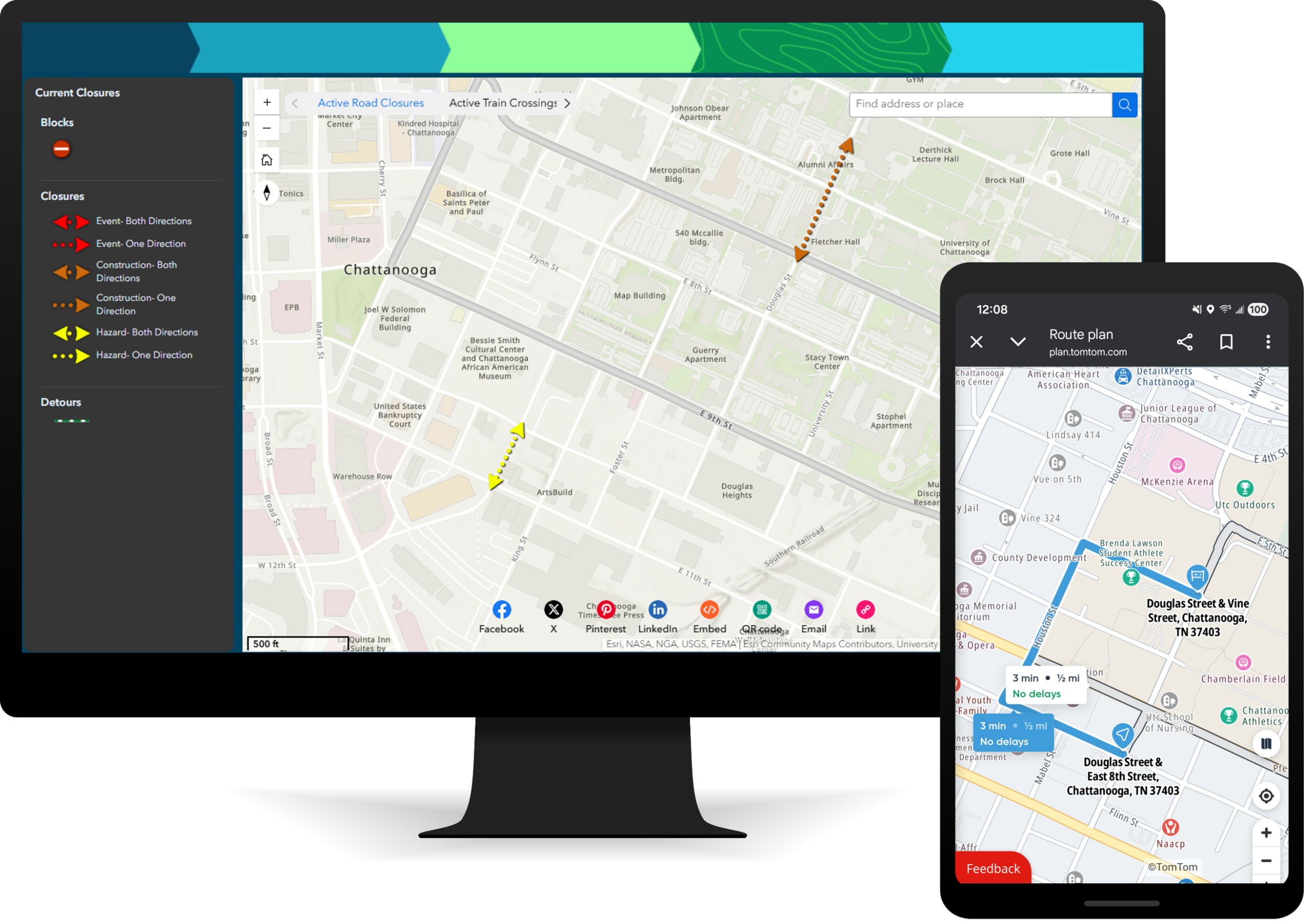 Desktop and mobile devices displaying road closure maps, with a desktop view showing current closures and detours and a mobile view showing turn‑by‑turn navigation around closures.