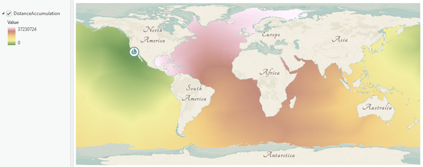 A map of the least cost distance value from the port of Los Angeles to every other location on the ocean.