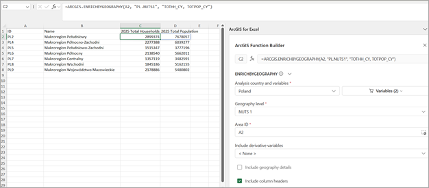 Function Builder showing ENRICHBYGEOGRAPHY in ArcGIS for Excel.