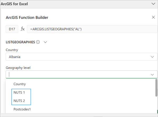 Function Builder showing LISTGEOGRAPHIES in ArcGIS for Excel.