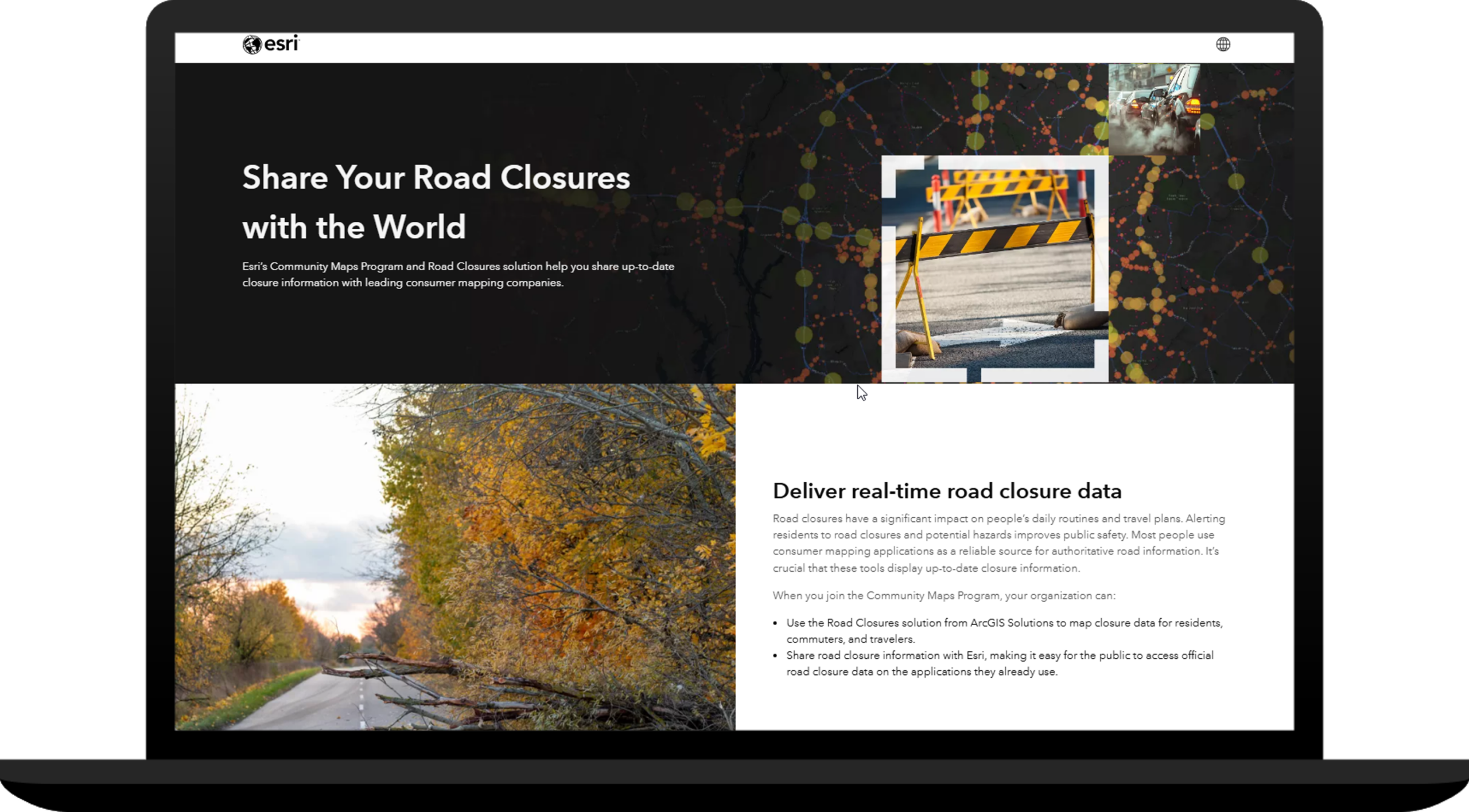 Laptop displaying an Esri webpage promoting road closure sharing, with a headline banner, explanatory text, and images of road barriers and a closed roadway.