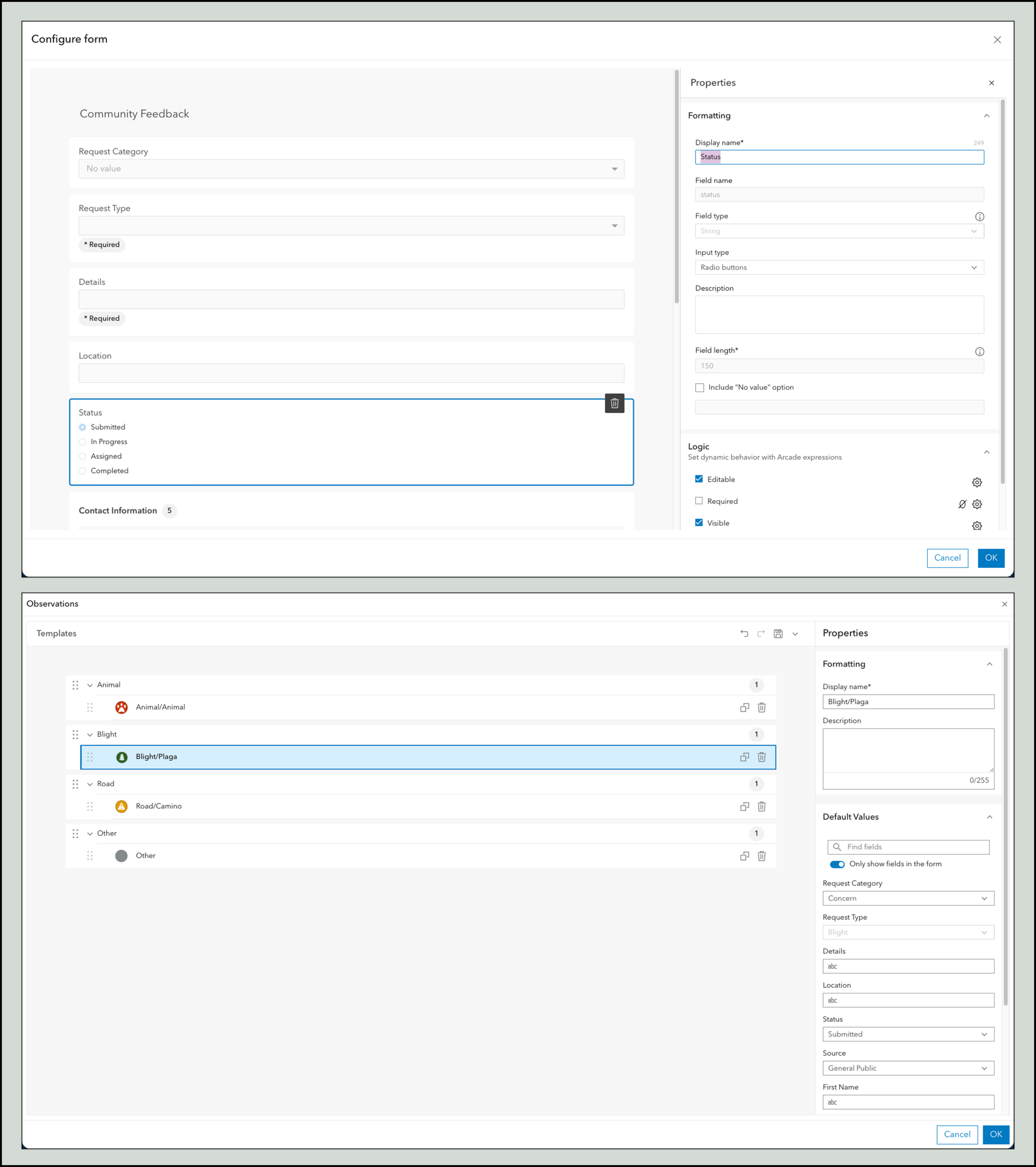 Screenshot of field and template configurations in Map Viewer.