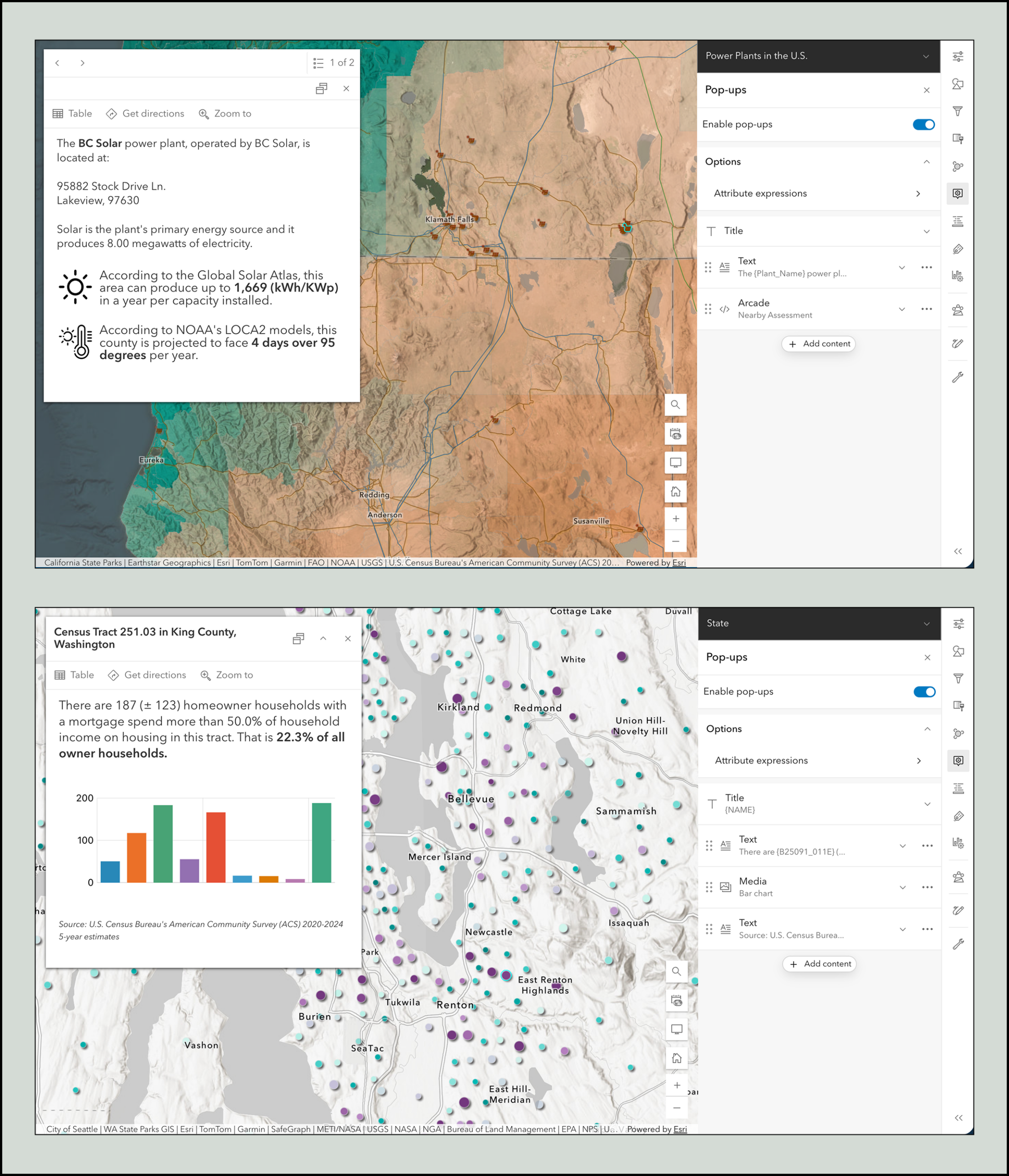 Examples of pop-up configurations open in Map Viewer
