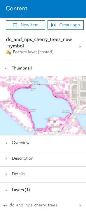 Image of My Content in ArcGIS Online, focusing on a feature layer available for use.