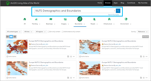 Browse the ArcGIS Living Atlas collection for NUTS boundaries and demographic data feature layers.