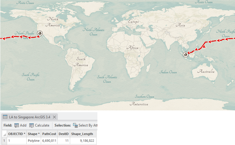Map showing a sailing route from Los Angeles west across the Pacific Ocean, to the edge of the map. On the right of the map the other half of the route starts from the edge and connects to Singapore.