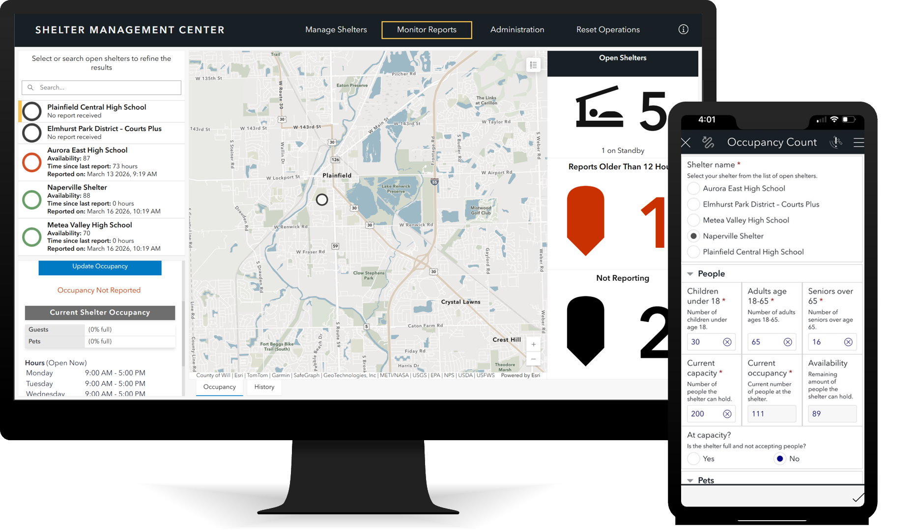 Shelter Management Center monitoring occupancy with phone reporting occuancy