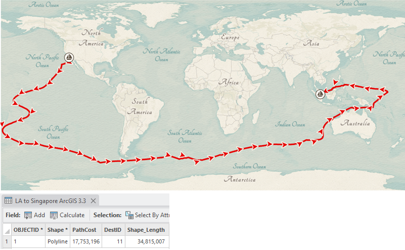 Map depicting a sailing route from Los Angeles around the tip of South America to Singapore. A table showing the length of the route.