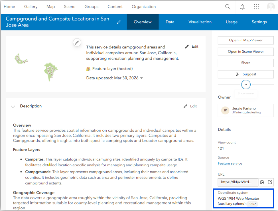 Image of the Overview tab of a hosted feature layer with the coordinate system information highlighted in the item details section.