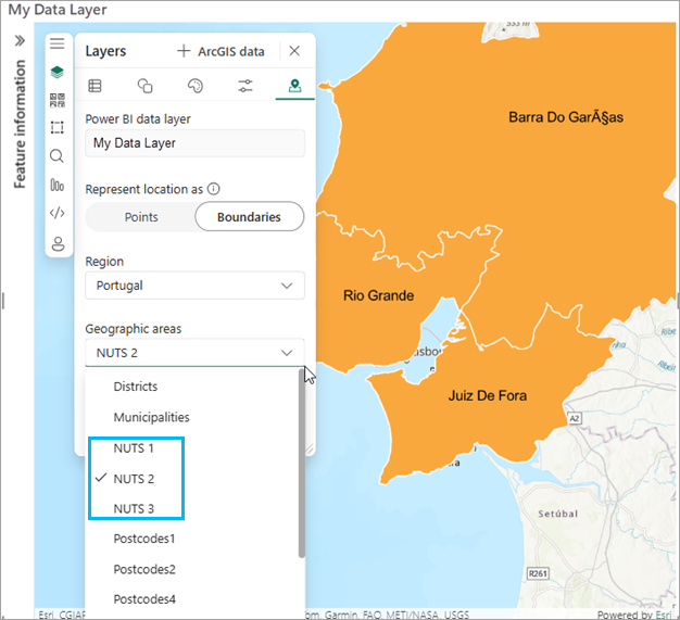 Geographic areas options for Portugal in ArcGIS for Power BI.
