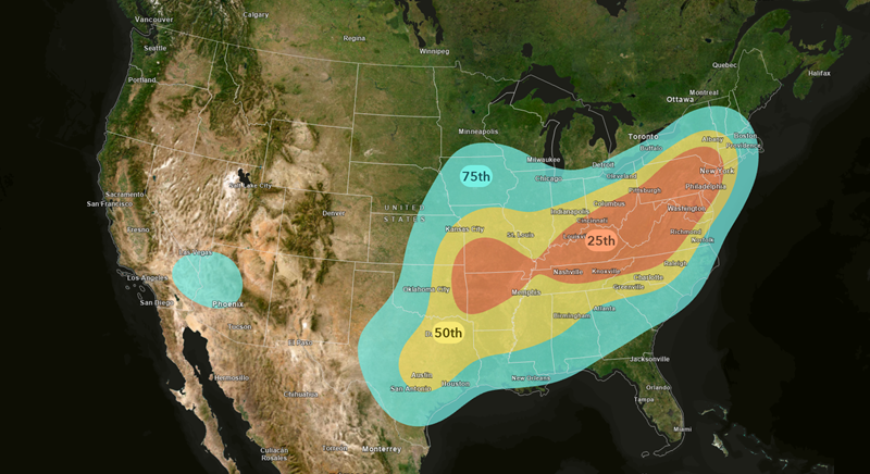 Figure: Volume percentile contours representing 25th, 50th and 75th flash flood concentration zones