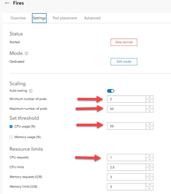 Select pod auto-scaling settings are highlighted in ArcGIS Manager.