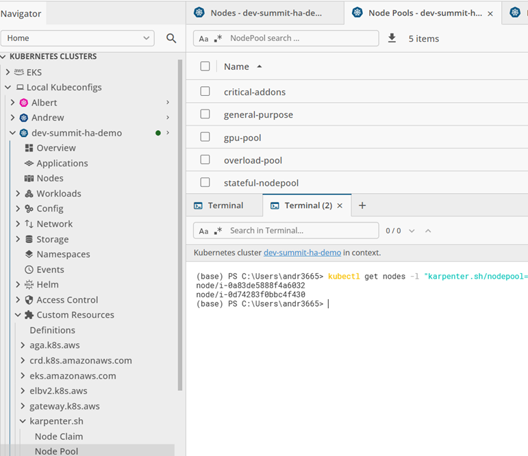 Various Karpenter nodepools, as viewed through Lens.