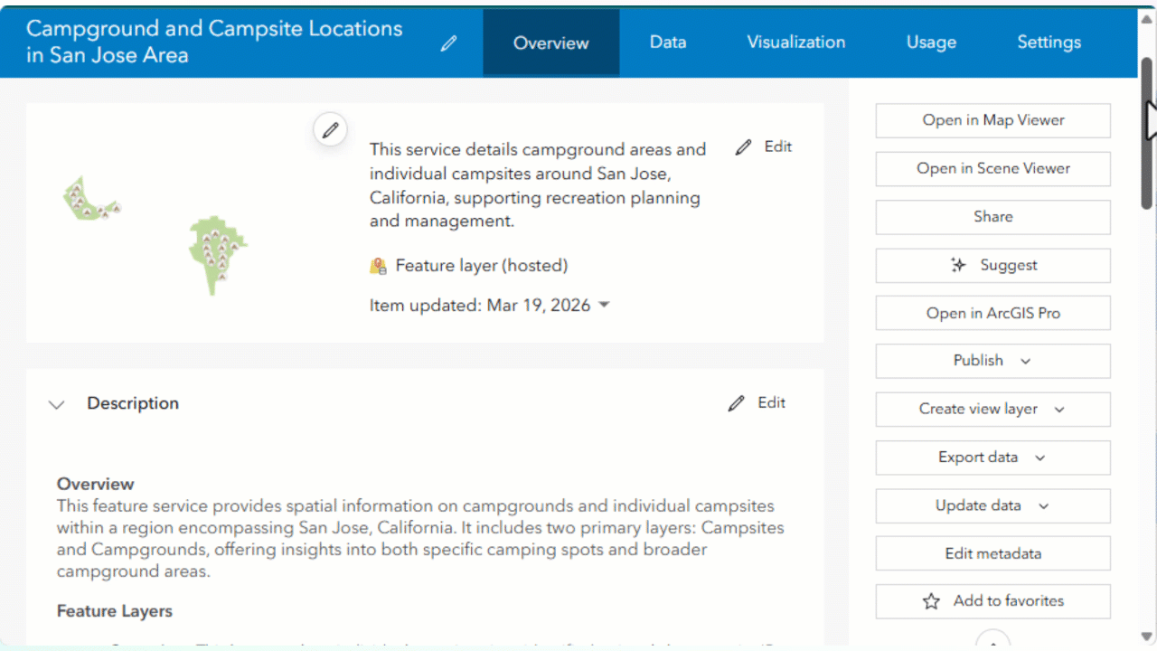 Navigates to the Spatial Reference section of the REST endpoint of a hosted feature layer.