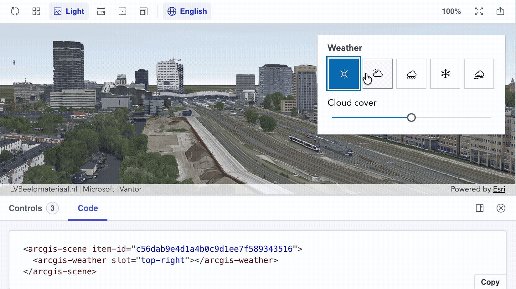 A 3D map interface with a weather widget panel displaying weather condition icons and a cloud cover slider control.