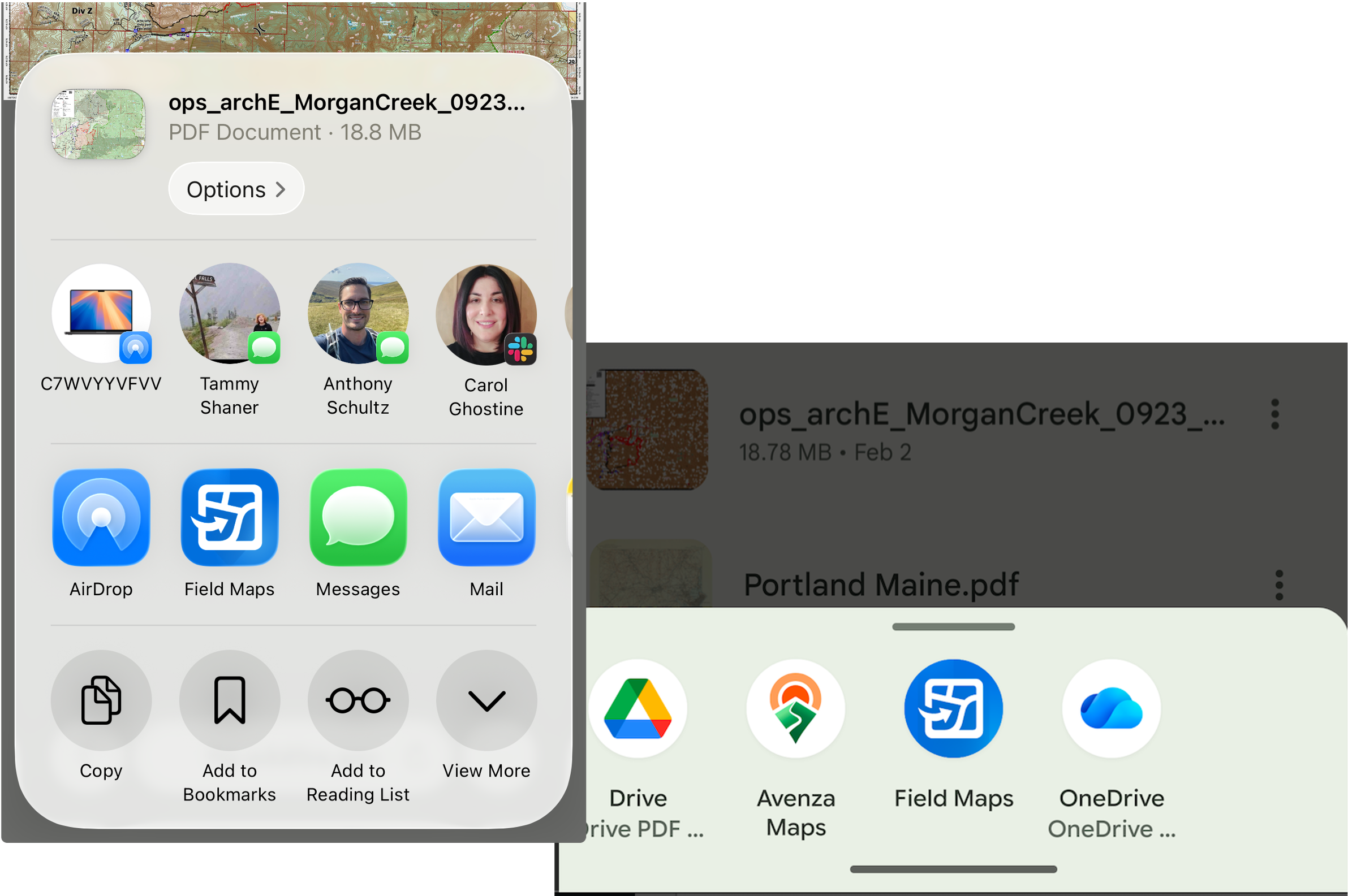 Use the Share action on iOS or the Open with action on Android to use PDF documents with Field Maps.