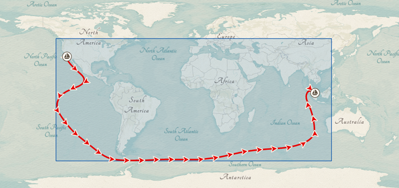 Map depicting a sailing route from Los Angeles around the tip of South America to Singapore. The route is contained in a rectangle, representing the analysis extent.