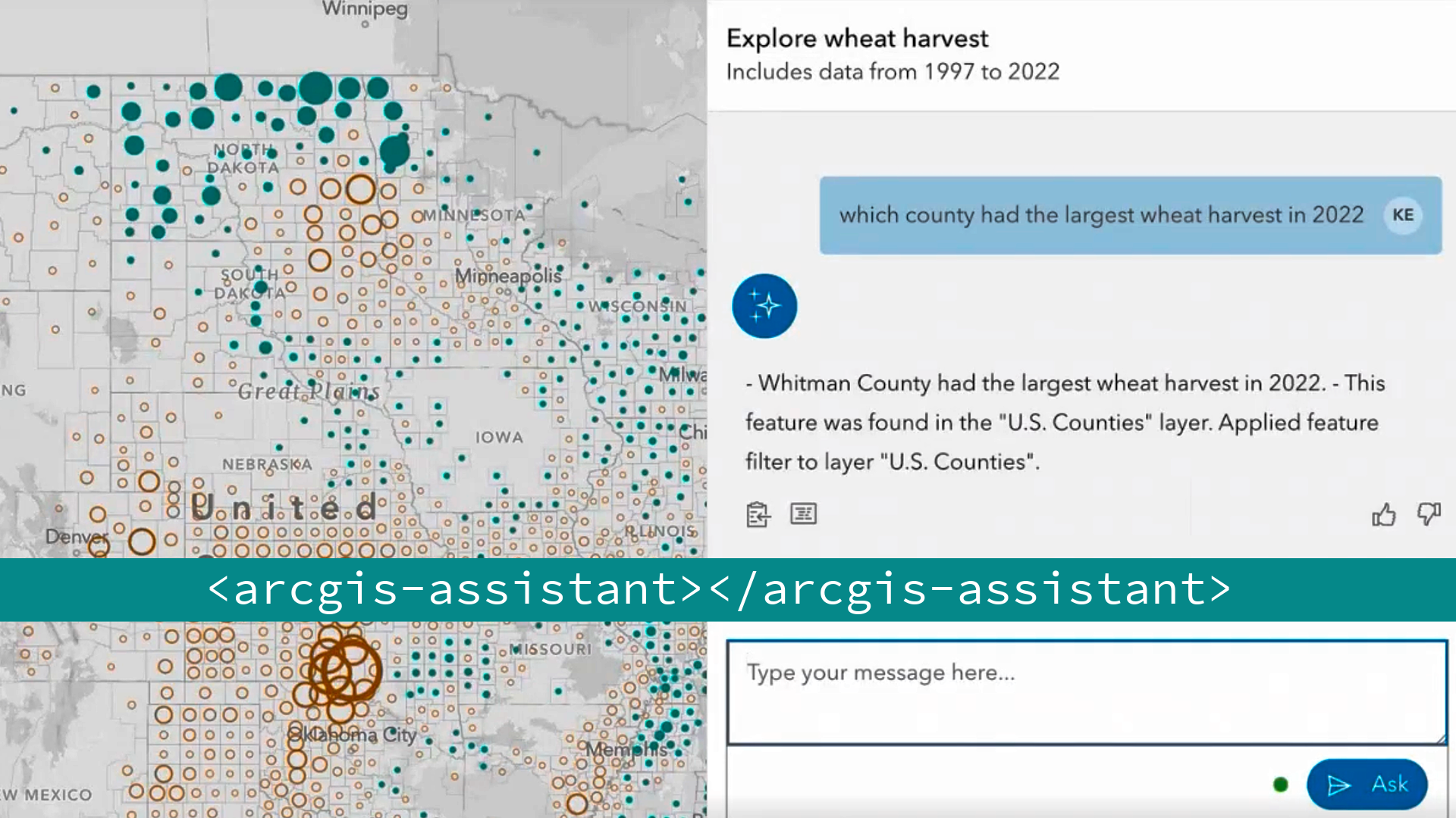 ArcGIS Assistant interface showing a map of wheat harvest data across U.S. Midwest states with an AI-powered query response panel