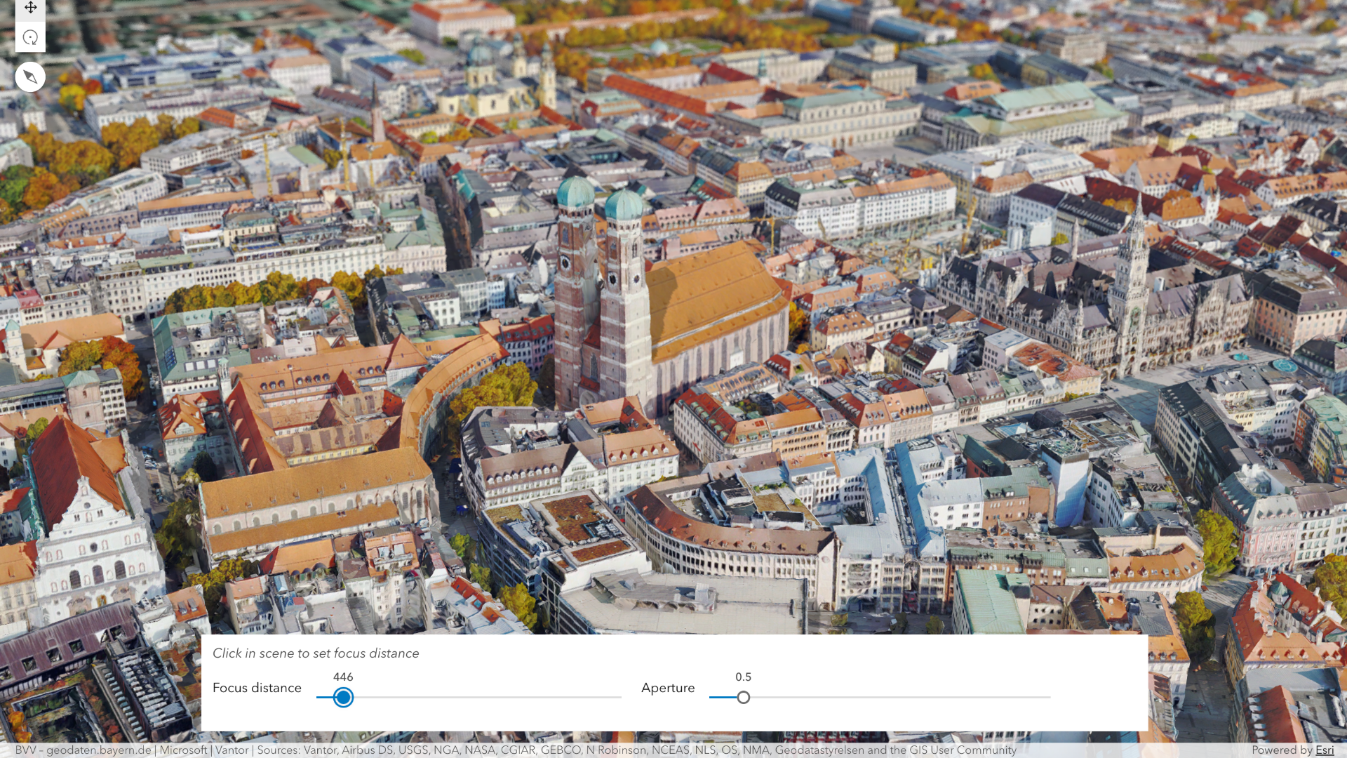 3D Aerial tilt-shift view of a European city center with twin-towered church and terracotta roofs