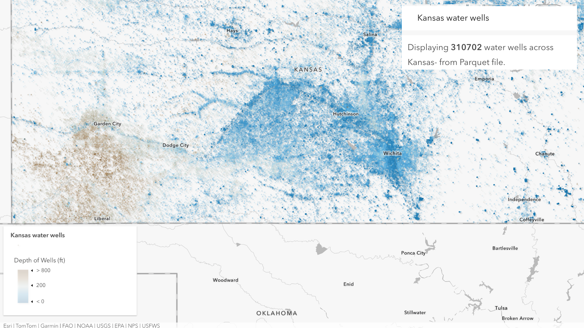 Map of 310,702 Kansas water wells, color-coded by depth. Shallow wells (blue) cluster in central Kansas, while deep wells (brown) concentrate in the southwest