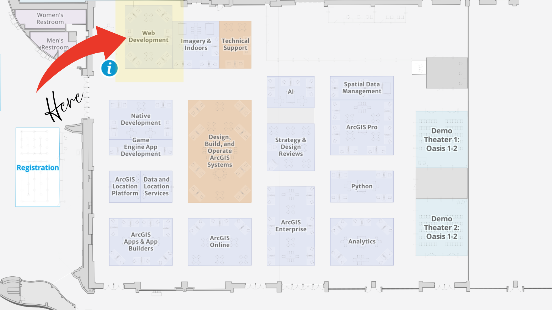 A floor plan map of an Esri event venue displaying ArcGIS product booths and demo theaters, with a red arrow marking a specific location