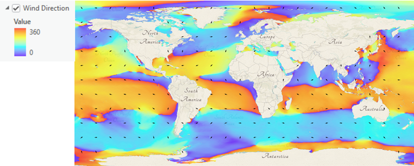 A map representing wind direction over the oceans. The values range from 0 degrees to 360 degrees.