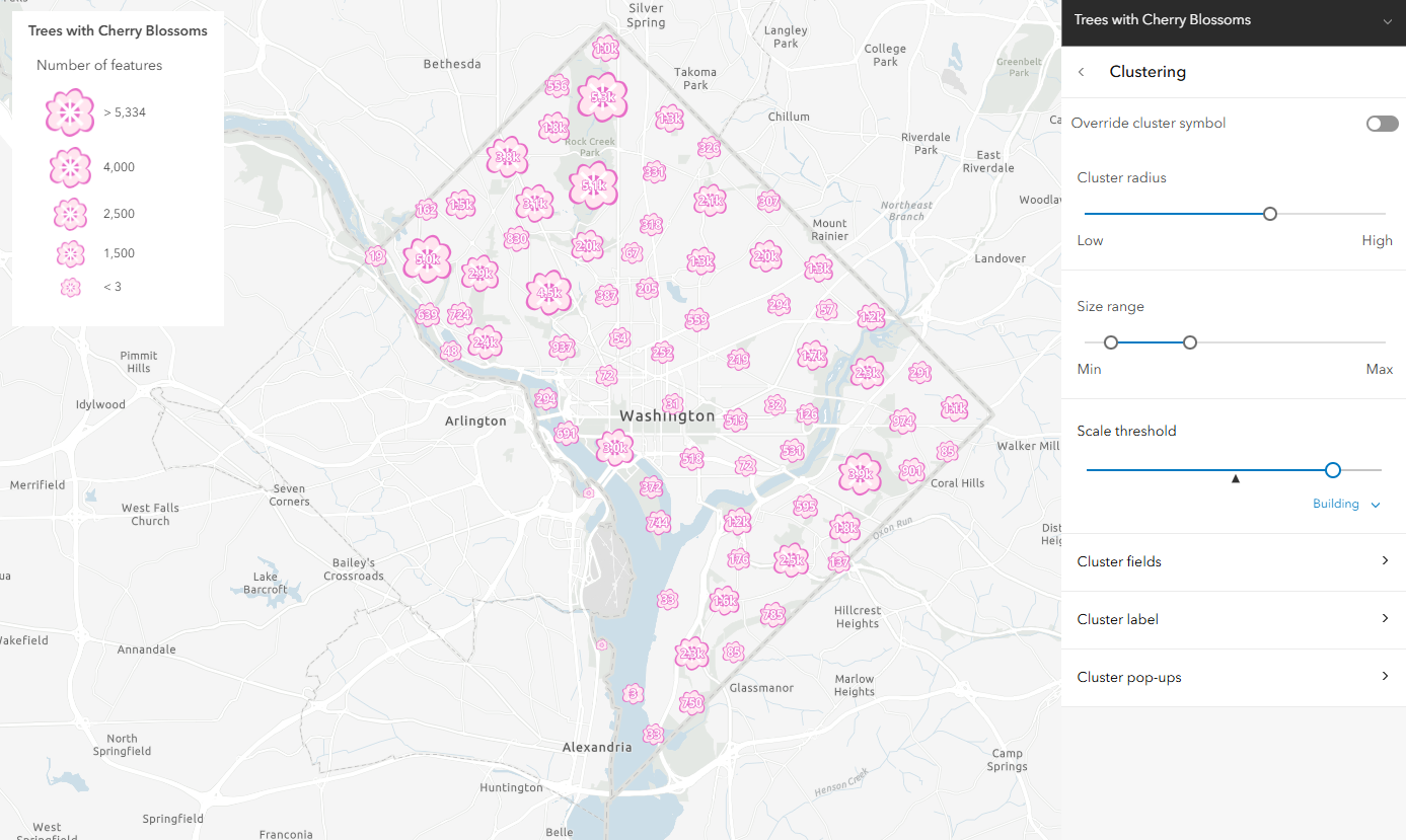 Map of cherry blossom trees in D.C., aggregated to show clusters of trees in the city