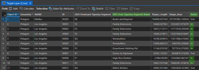 Attribute table for the Target Layer (Core) with rows representing ZIP codes and columns containing information about each geography