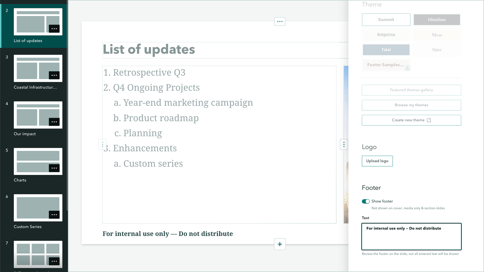 ArcGIS StoryMaps briefing design panel showing the footer text input area.