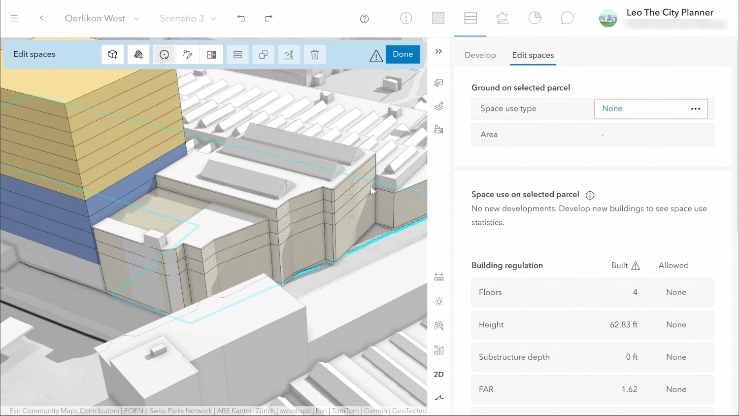 3D view of a building being edited on a parcel, with building volumes adjusted and building details shown in a side panel.