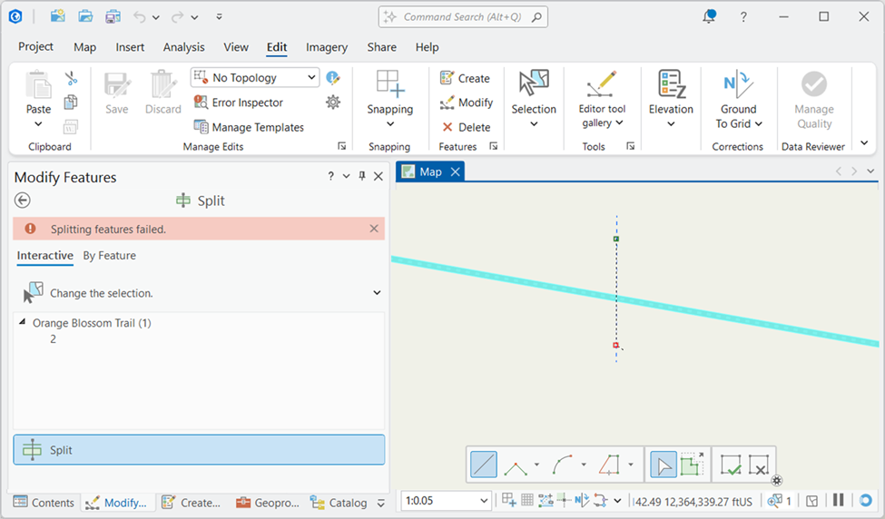 A screenshot from ArcGIS Pro with the "Splitting features failed" error visible in the Modify Features pane