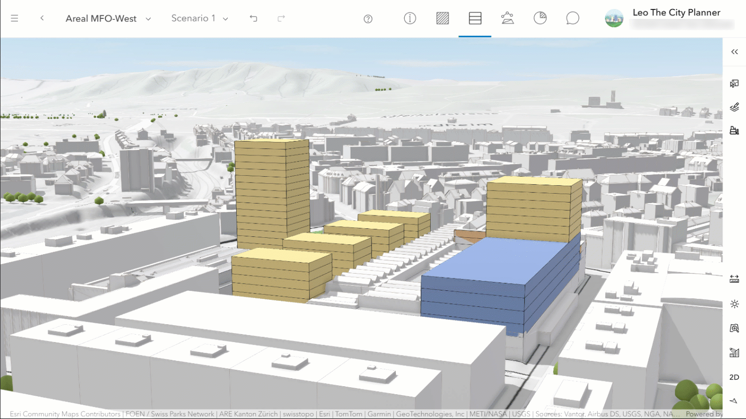 3D city planning scene displayed on a Google Photorealistic 3D basemap, showing an urban area with realistic terrain and buildings. Yellow and blue massing blocks represent proposed developments layered over the existing city context in a 3D planning interface.