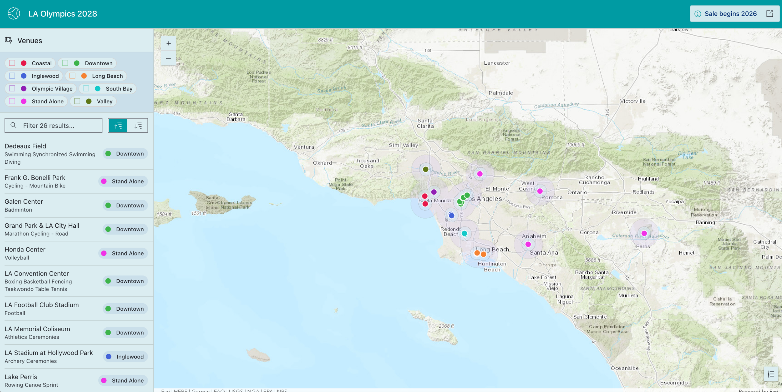 An interactive map dashboard for the LA Olympics 2028, displaying venue locations across Southern California alongside a categorized sidebar list of facilities and sports