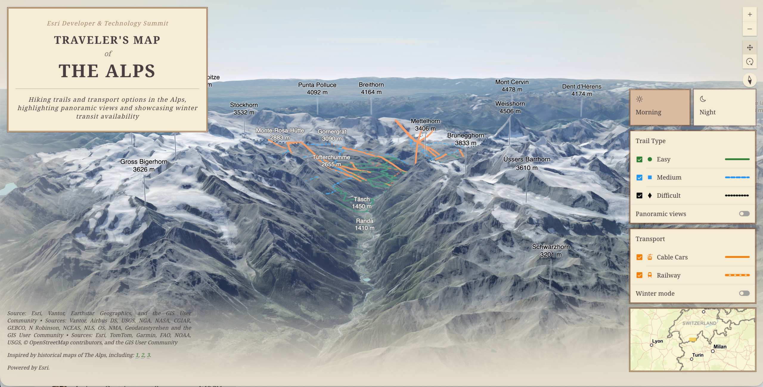 A 3D interactive topographical map titled 'Traveler's Map of The Alps,' displaying snow-capped mountain peaks, valleys, and elevation labels