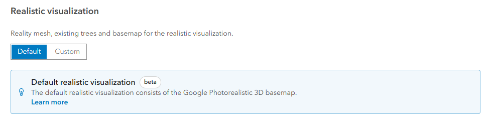 Screenshot showing that when the Google Photorealistic 3D Basemap is enabled at the org level, it appears by default in Urban.