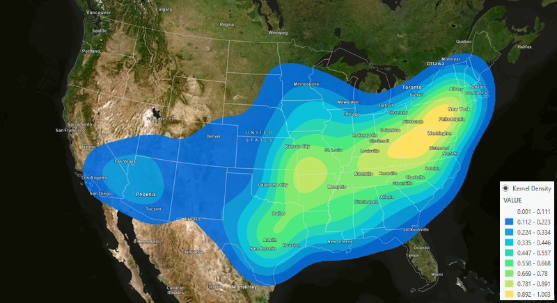 Figure: Density surface showing the concentration and extent of flash flood events